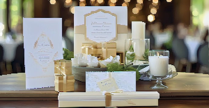 A welcome package for an event with personalized notes and small gifts, arranged on a wooden table.