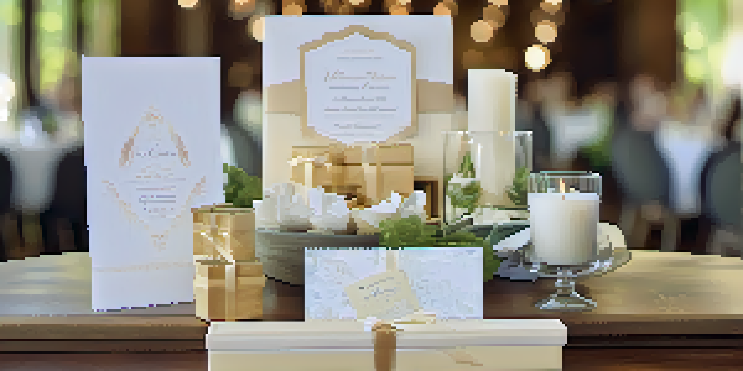 A welcome package for an event with personalized notes and small gifts, arranged on a wooden table.
