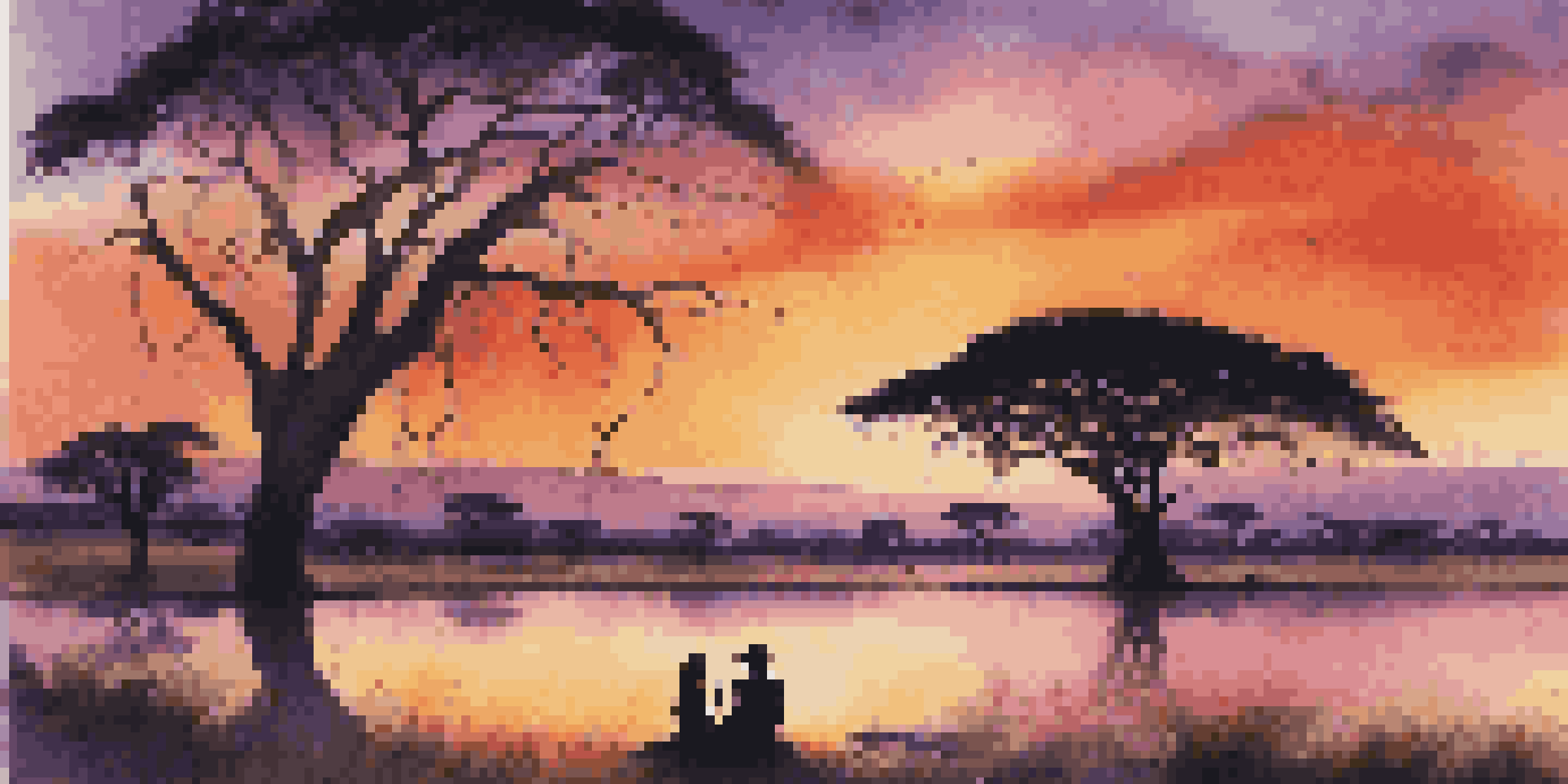 A couple enjoying a luxurious picnic at sunset in the Serengeti, with vibrant sky colors and an acacia tree silhouette.