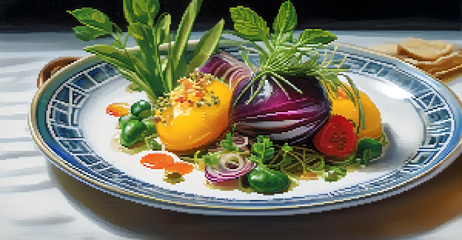 A gourmet dish beautifully plated with vibrant colors and intricate arrangements, highlighting local ingredients and garnished with herbs, against a softly blurred background.