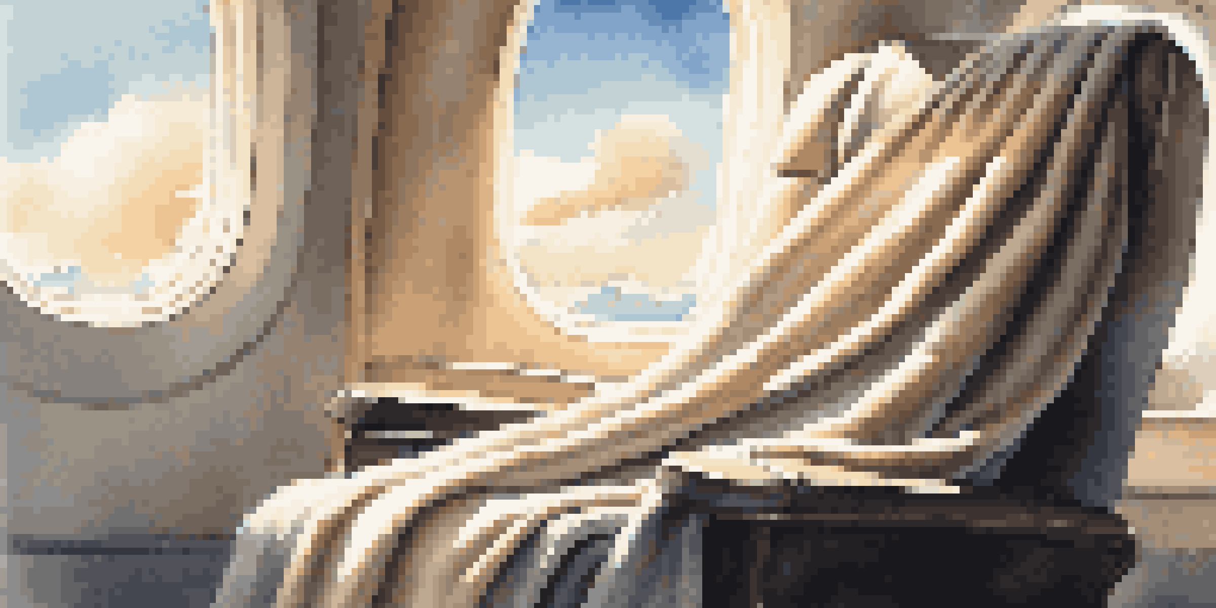 A cozy cashmere blanket on an airplane seat with sunlight streaming through the window.