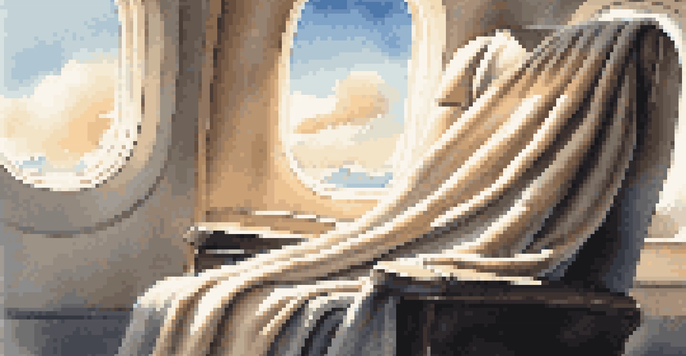A cozy cashmere blanket on an airplane seat with sunlight streaming through the window.