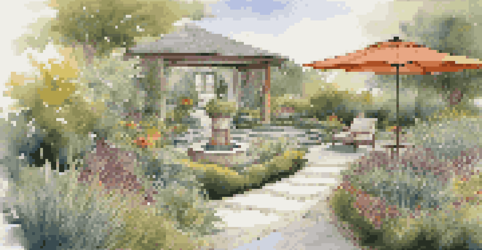 A luxury garden with distinct functional areas separated by a stone pathway and plants, featuring a reading nook and a dining space.