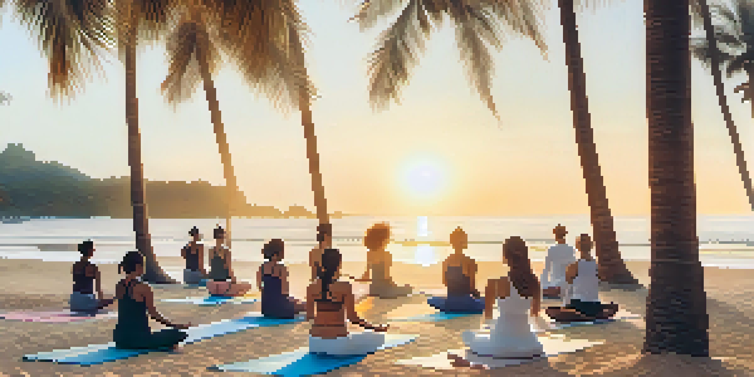 A group of people practicing yoga on a beach at sunrise, with an instructor leading them and gentle waves in the background.