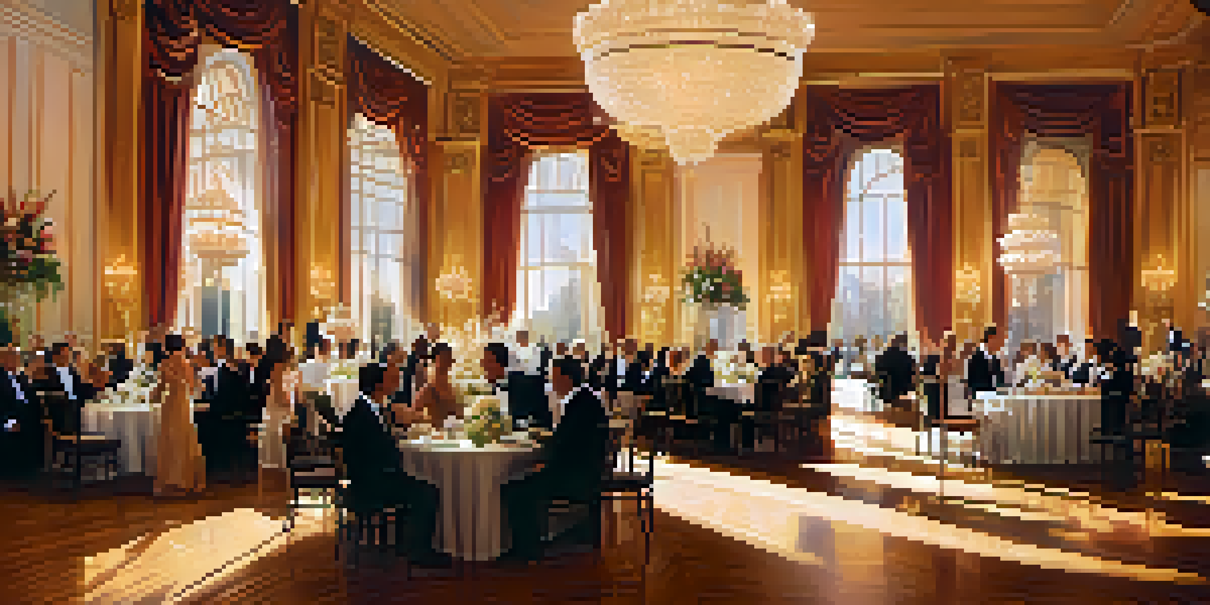 A lavish charity gala in an elegant ballroom with guests in formal attire, crystal chandeliers, and a grand piano.