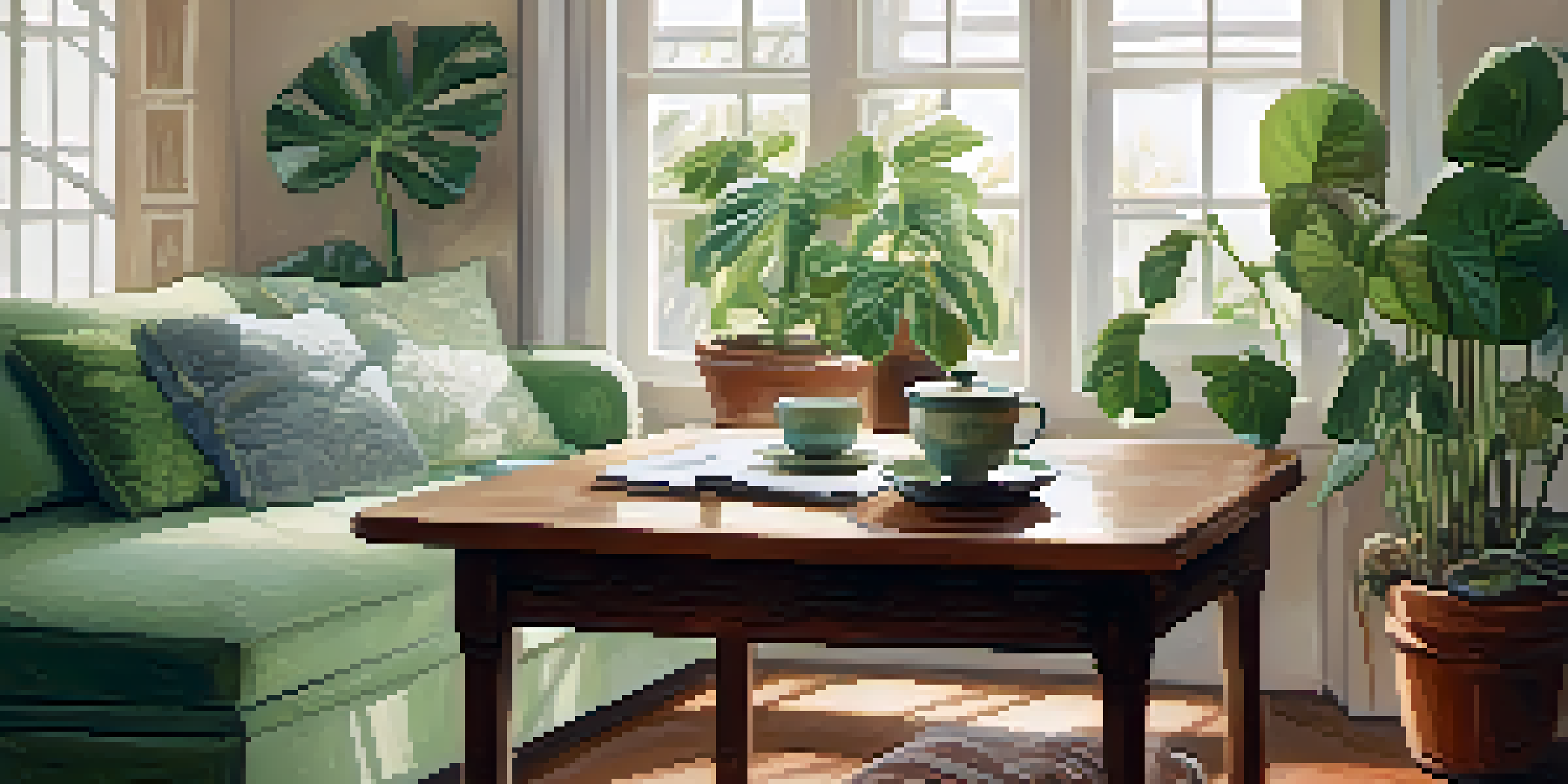 A peaceful room filled with plants and soft textiles, with a cup of tea on a table, illuminated by natural light.