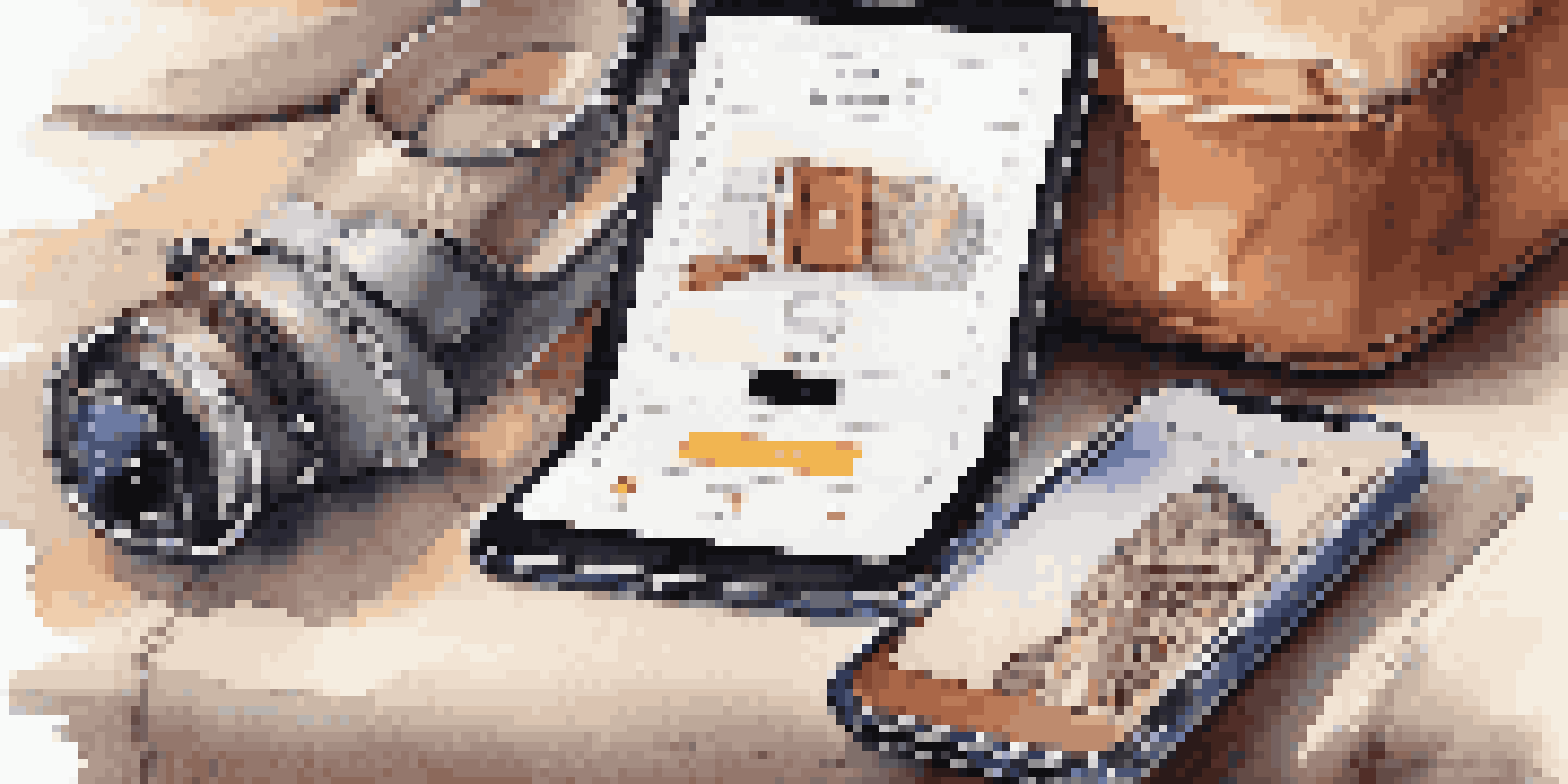 An elegant smartphone with a travel app, designer travel accessories, and a cozy hotel room setting.