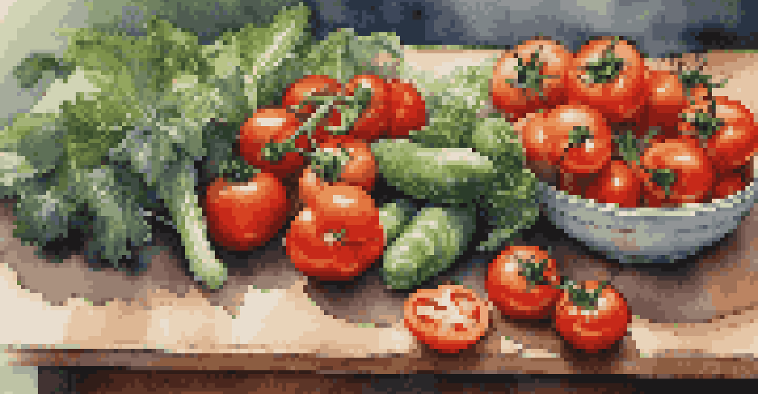 A close-up of a wooden table filled with fresh seasonal vegetables like tomatoes, greens, and peppers, illuminated by natural light, highlighting their colors and textures.