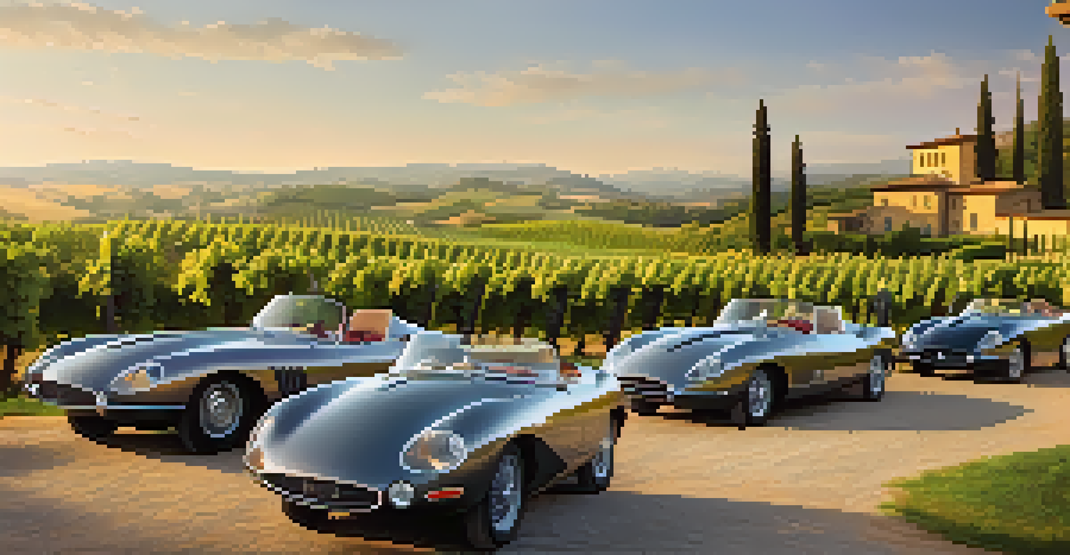 Luxury cars parked in a vineyard in Tuscany during golden hour.