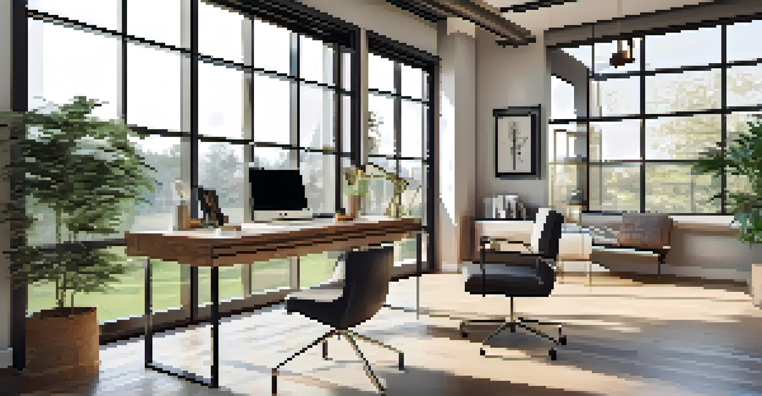 A modern home office workspace with a glass desk, ergonomic chair, ample natural light, and stylish decor elements.