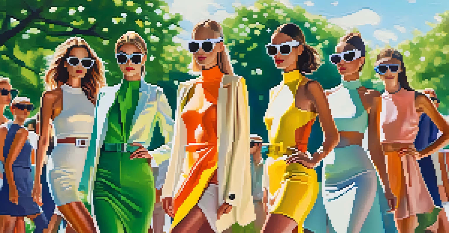 A fashion show in a park with models wearing stylish outfits featuring wearable tech accessories like smartwatches and augmented reality glasses.
