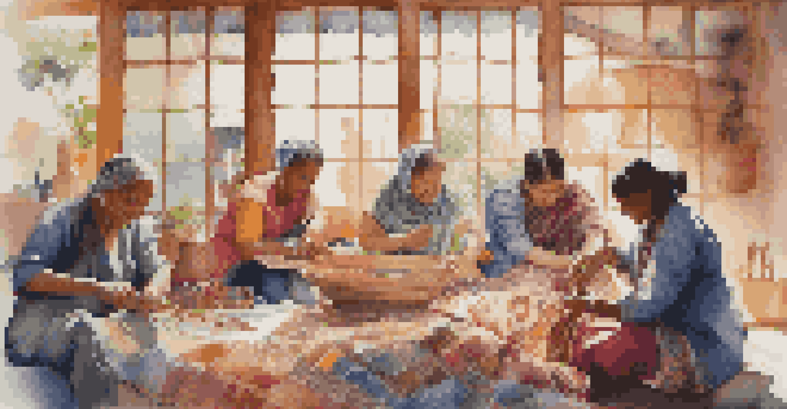 A group of artisans from different cultures working together on a textile project, surrounded by colorful fabrics in a bright workspace.