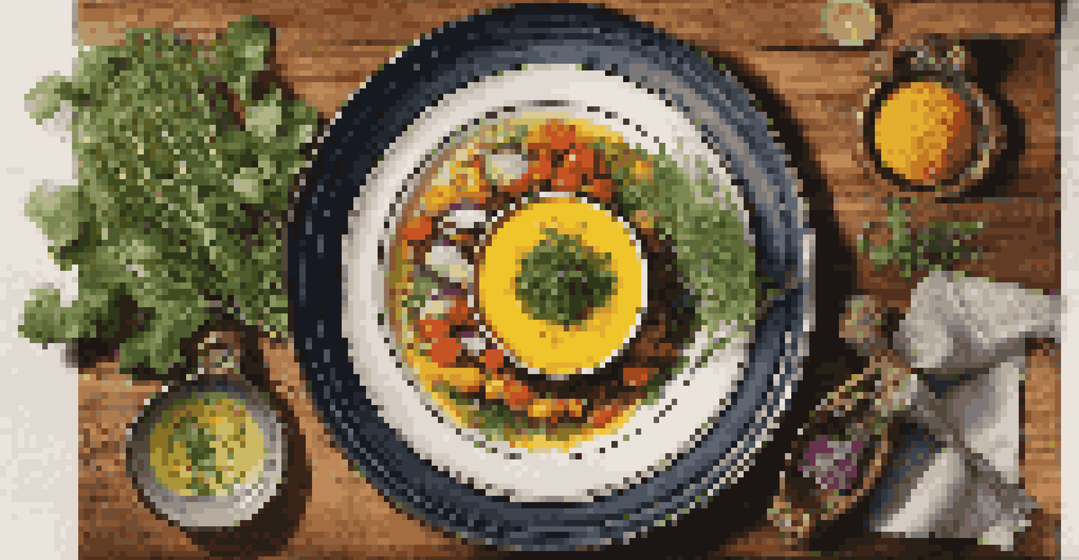 An overhead view of a gourmet dish with vibrant colors and intricate plating on a rustic wooden table.