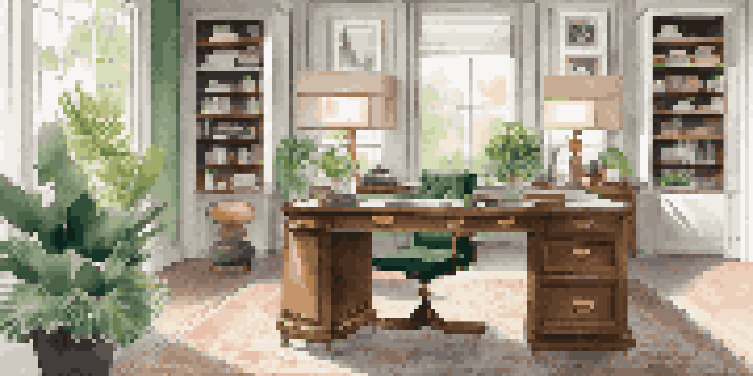 A spacious and stylish home office with a large desk, ergonomic chair, and a window providing natural light, decorated with artwork and plants.