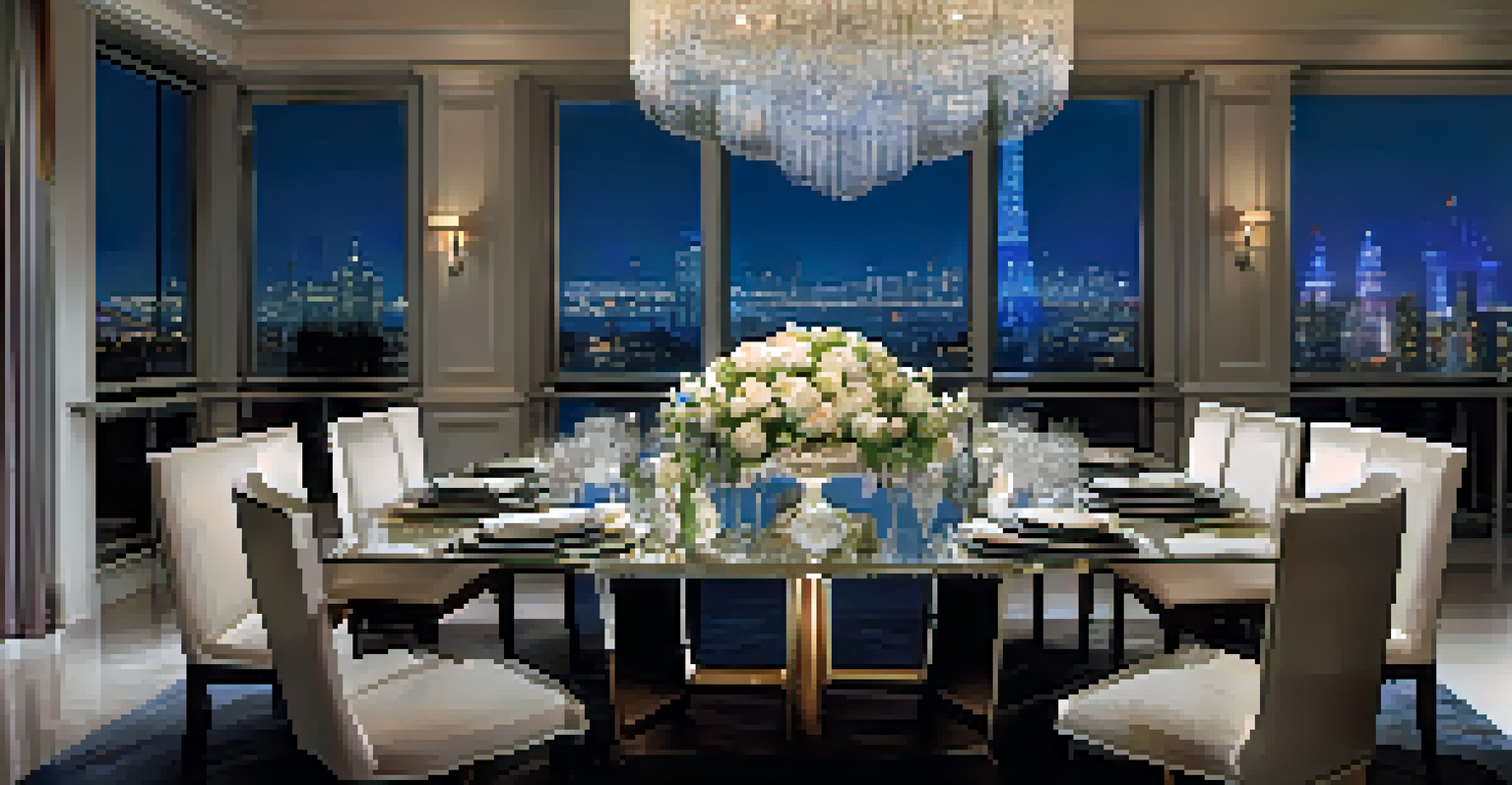 An elegant dining room in a penthouse, set for dinner with a view of the city skyline at night.