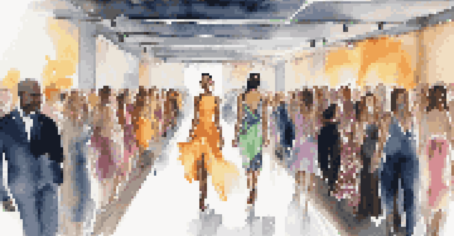 A vibrant charity fashion show with models on a runway and an engaged audience, highlighting the blend of fashion and social responsibility.