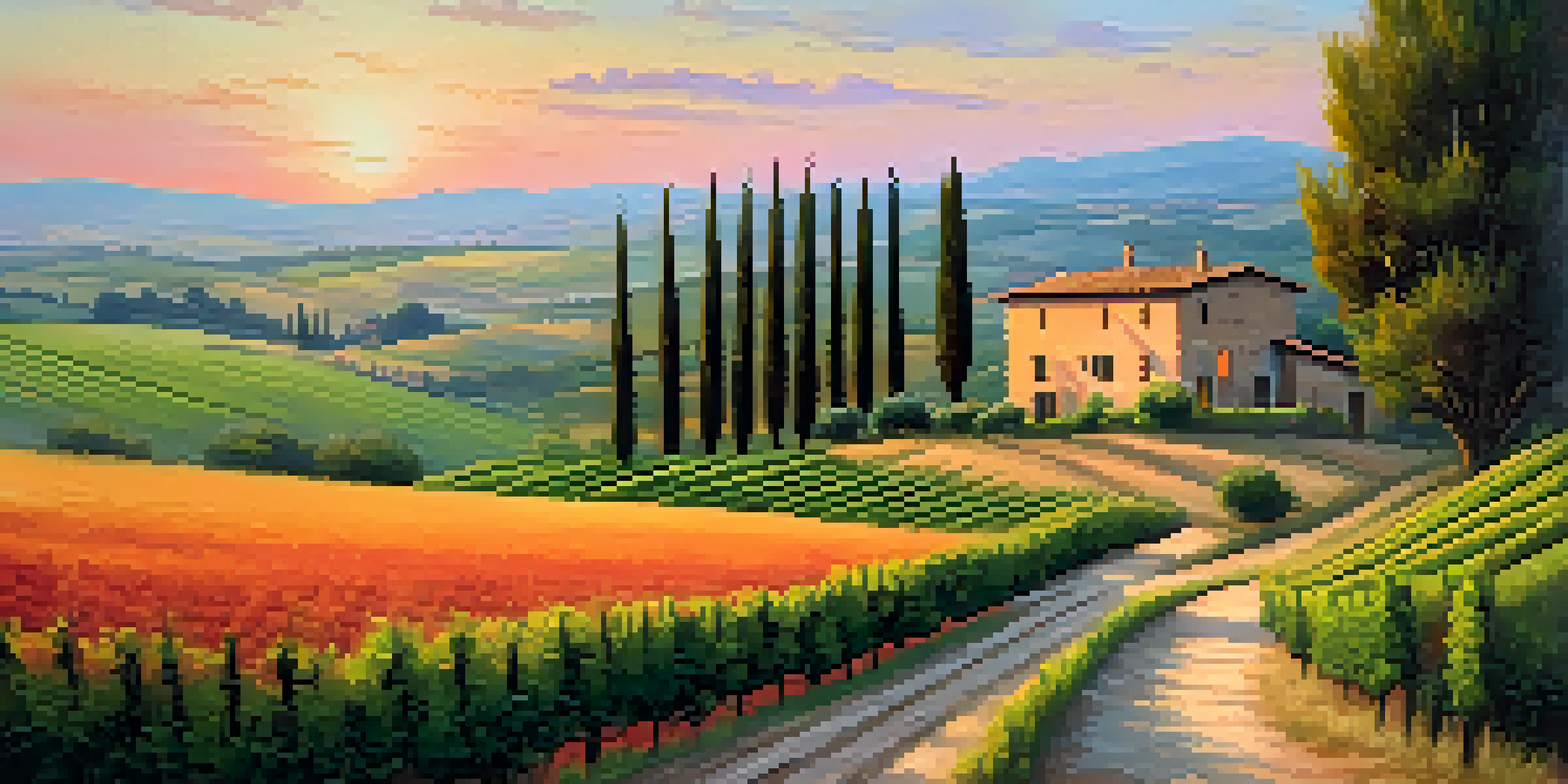 A picturesque view of Tuscany's rolling hills during sunset, with vineyards and a rustic farmhouse.