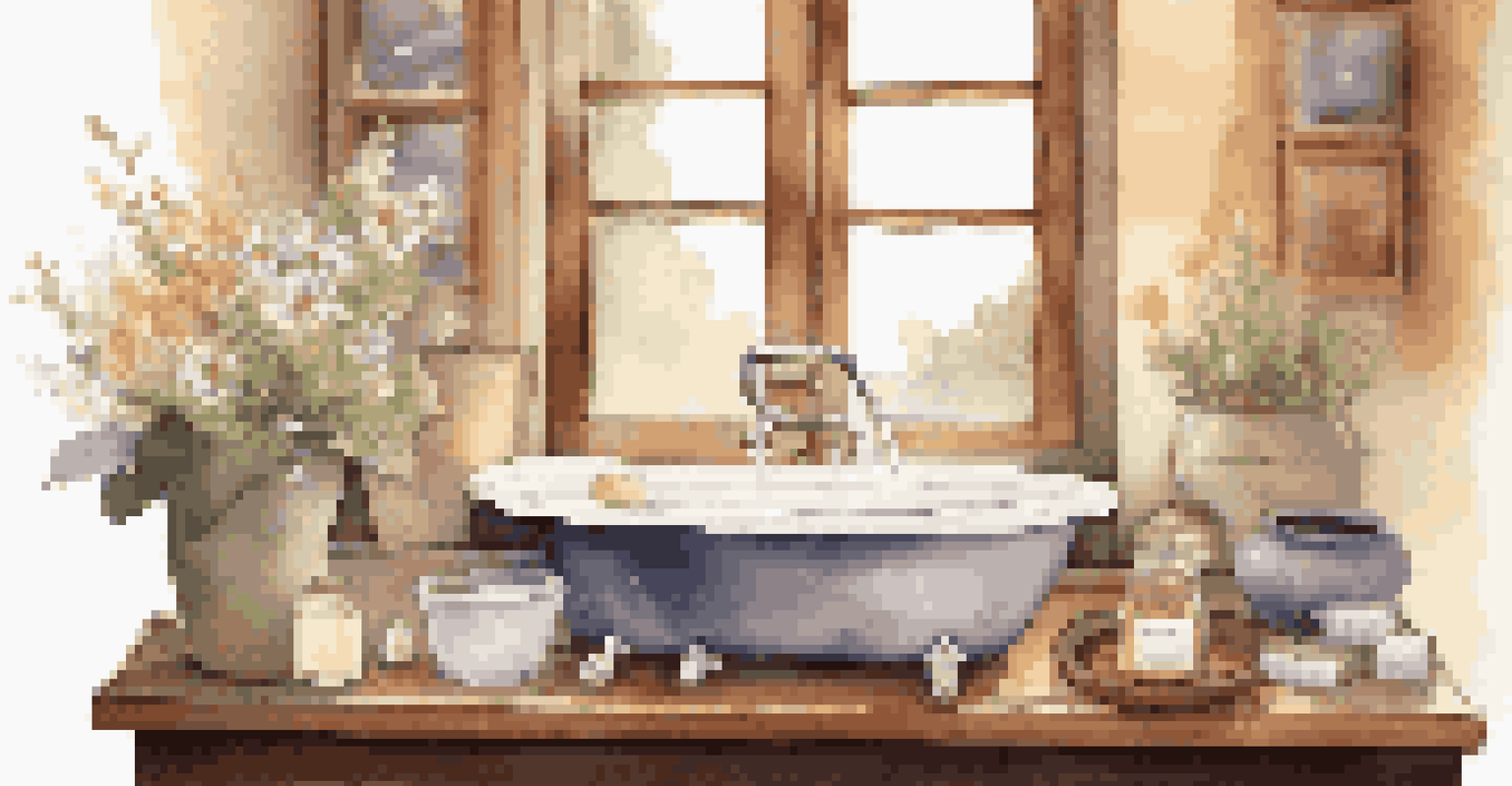 A cozy bath setup with a wooden tray holding a candle, bath salts, and tea, surrounded by soft towels and flowers.