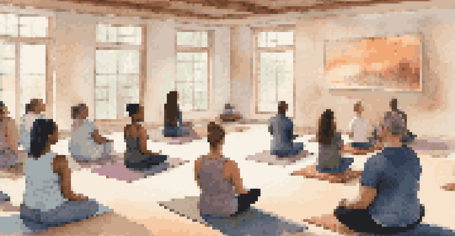 A guided meditation session with diverse participants in a spacious, softly lit room.
