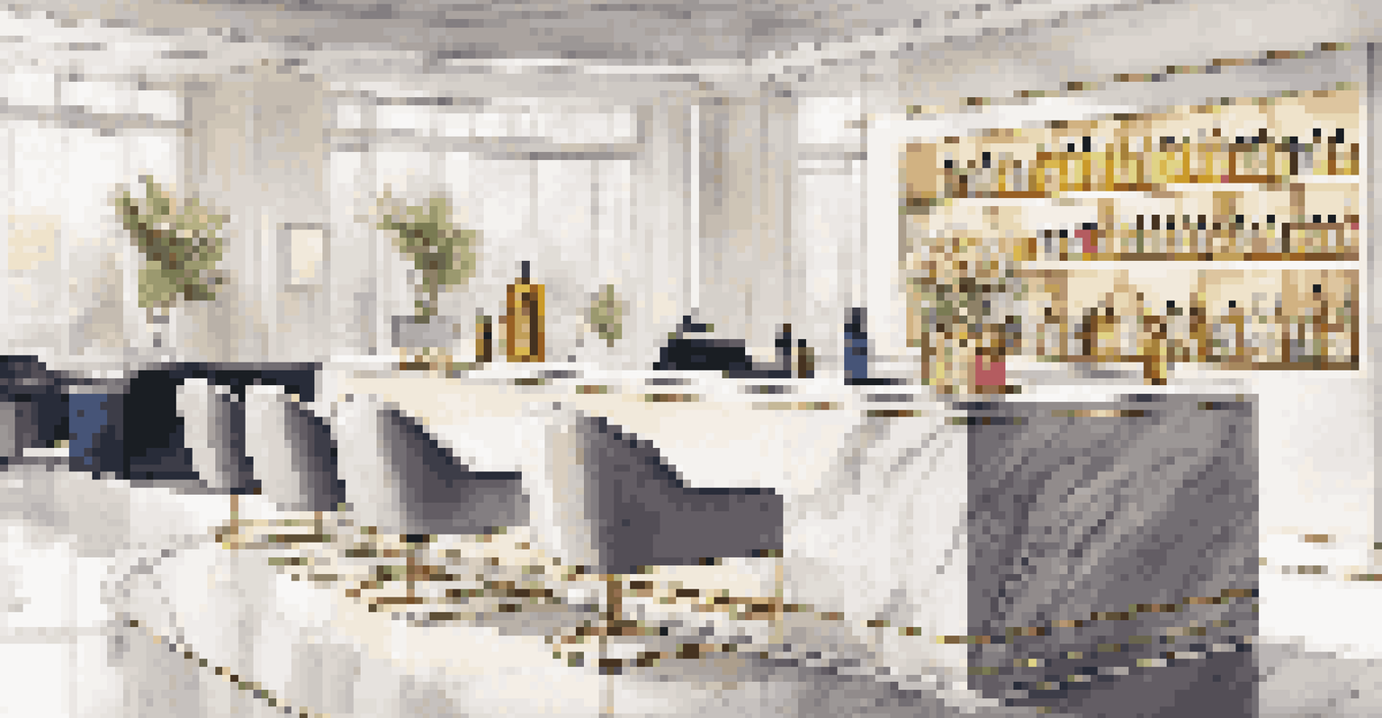 A stylish fragrance bar in an office with essential oil bottles, modern decor, and employees mixing scents.