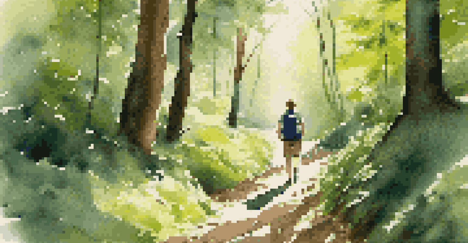 A solo traveler hiking on a winding trail in a lush green forest, with sunlight filtering through the trees.