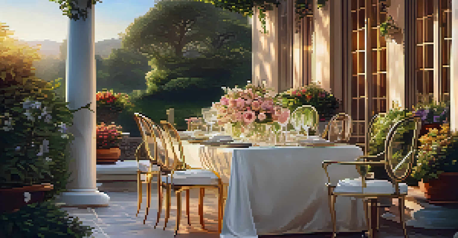 An outdoor terrace with a dining table set with fine china, surrounded by greenery and warm golden hour light.