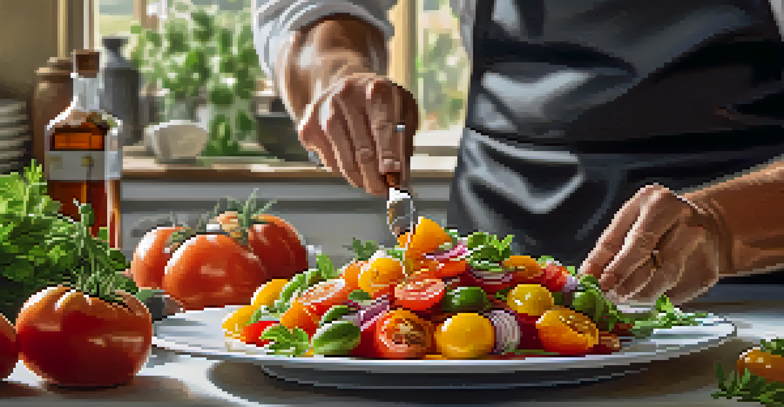 A chef preparing a colorful heirloom tomato salad in a stylish kitchen, showcasing fresh ingredients and skilled cooking techniques.
