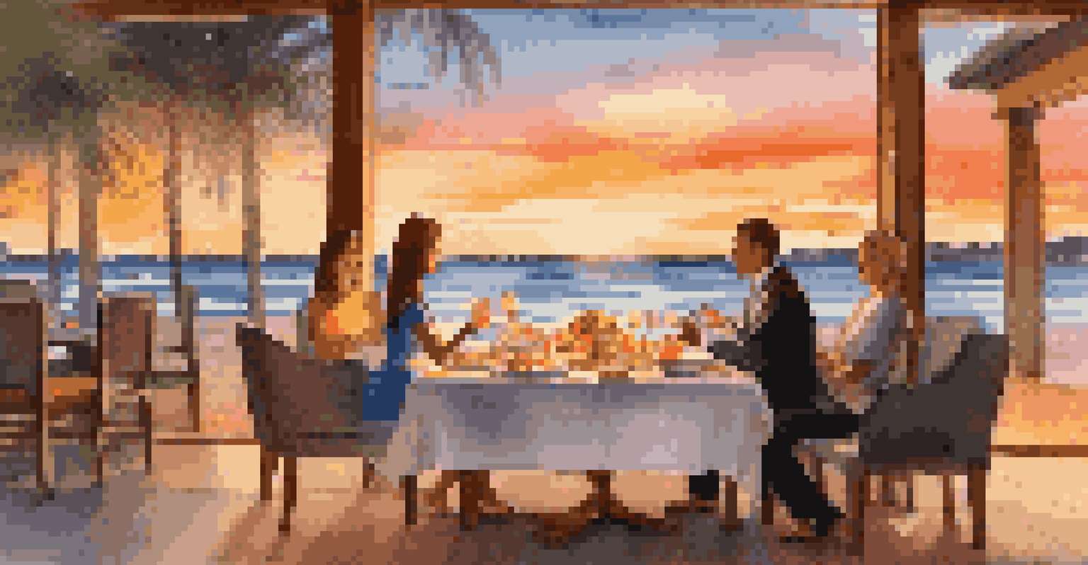 A family dining at a beachfront restaurant during sunset, enjoying gourmet dishes and drinks.