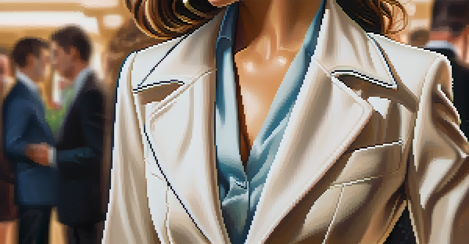 A fashionable woman in a stylish blazer, preparing for a networking event with a confident expression.