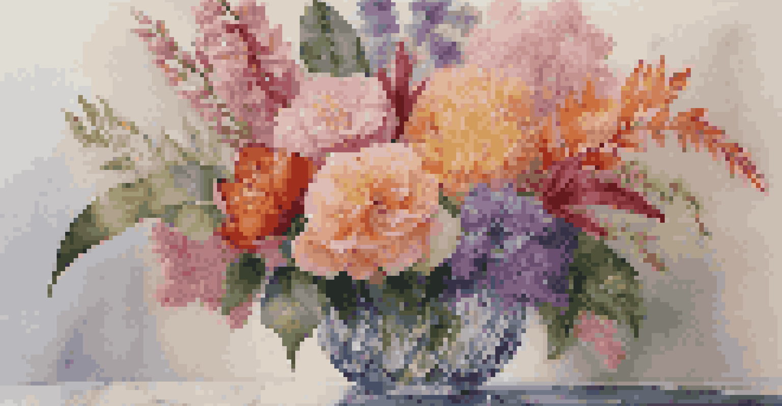 A close-up view of a vibrant bouquet of exotic flowers in a crystal vase on a marble countertop, illuminated by soft natural light.