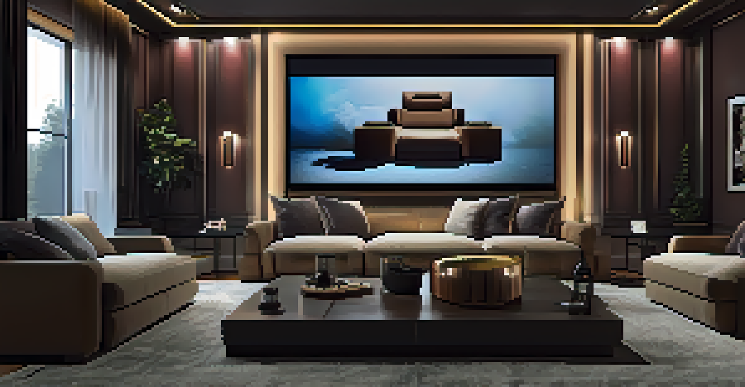 A luxurious home cinema with plush seating and a large projector screen, ready for movie night.