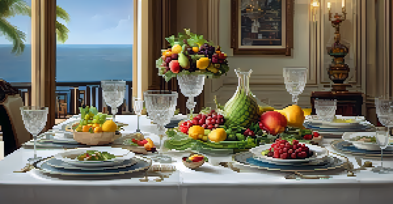 An elegantly arranged dining table featuring a gourmet meal with fine china, crystal glasses, and a colorful salad with exotic fruits.
