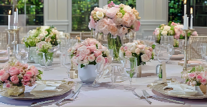 An elegant table setting with personalized custom favors, soft lighting, and floral decorations.