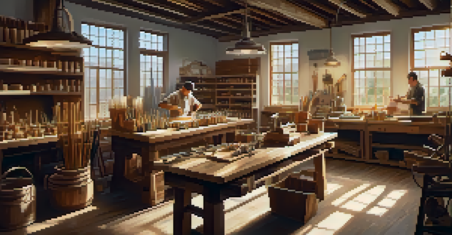 An artisan workshop filled with craftspeople creating luxury goods, highlighting sustainable materials and warm sunlight.