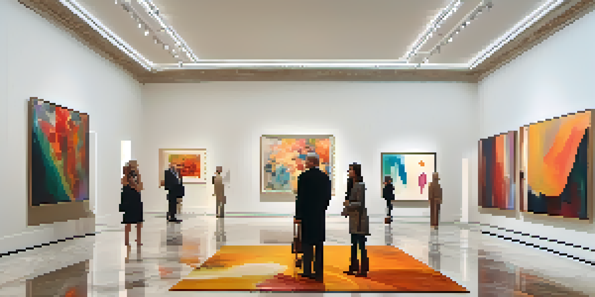 An elegant art gallery with a stylish collector admiring a contemporary abstract painting, surrounded by vibrant artworks and soft lighting.