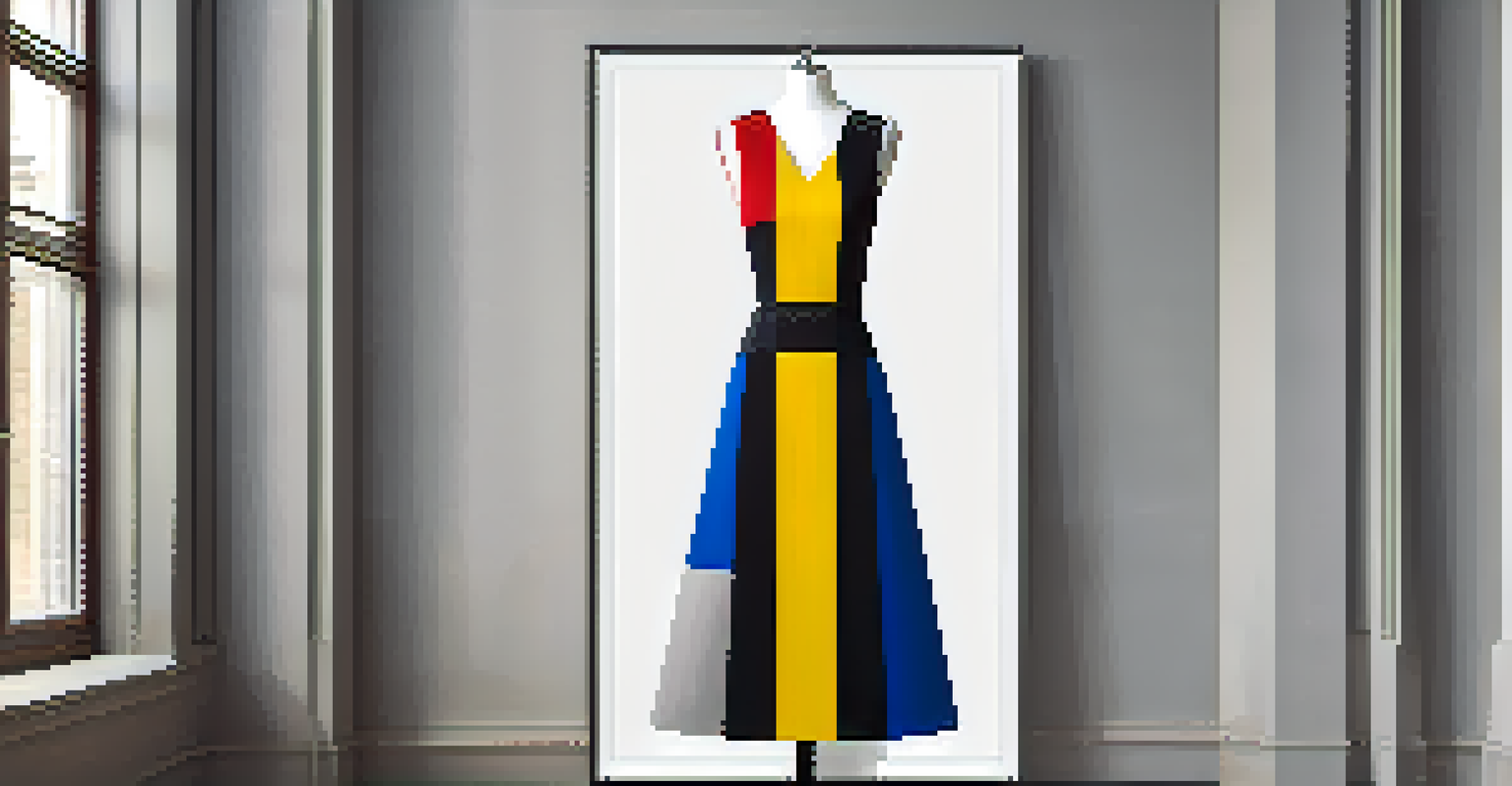 A dress inspired by Piet Mondrian's artwork, featuring geometric patterns and bright colors, displayed in a gallery setting.