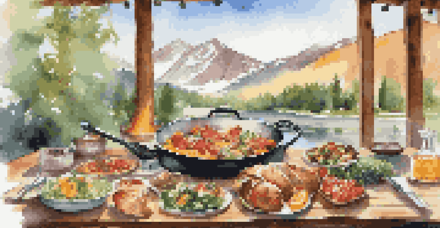A gourmet meal being prepared outdoors at a luxury camping site, with fresh ingredients on a wooden table and mountains in the background.