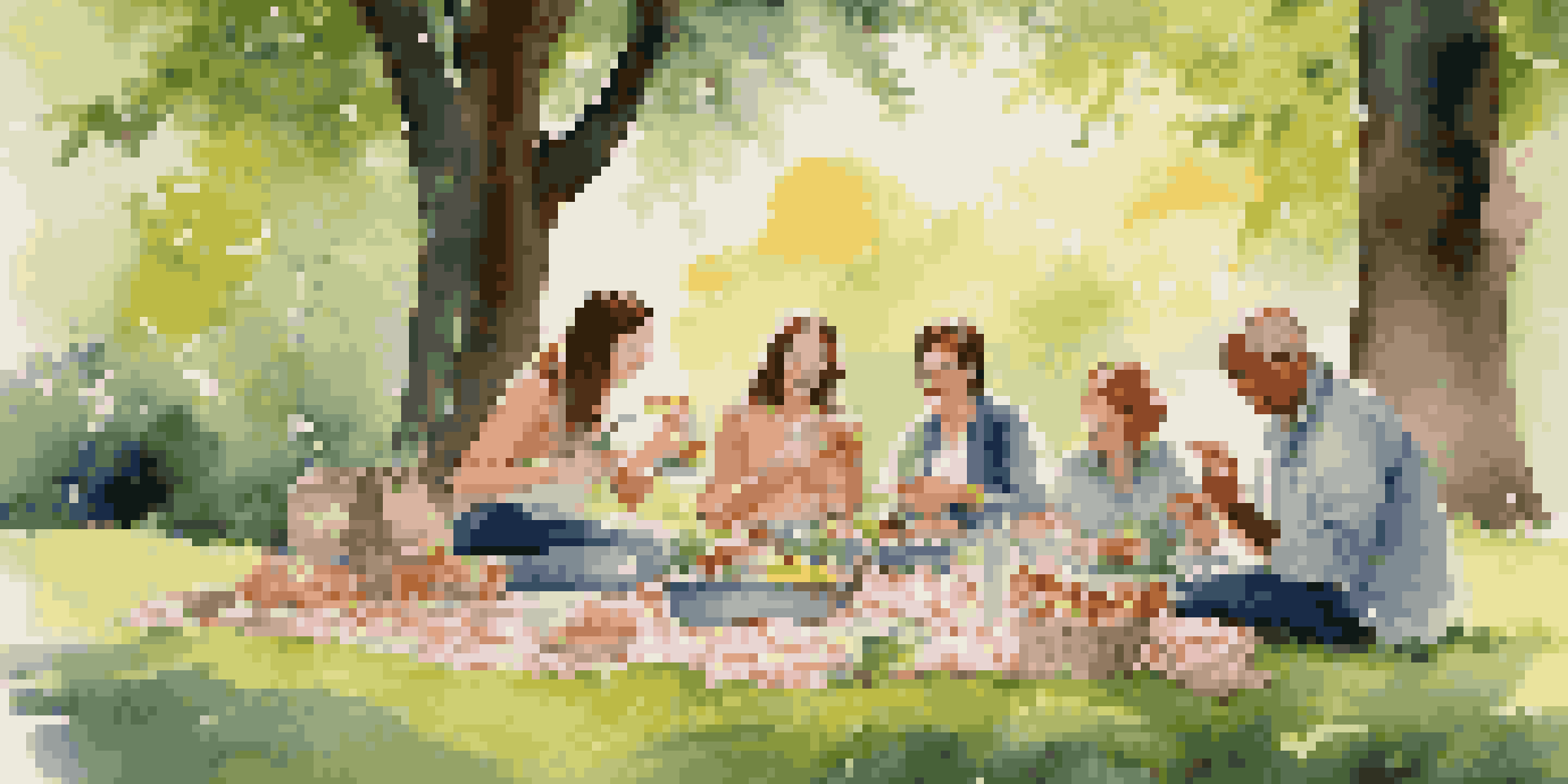A family enjoying a picnic in a lush green park, surrounded by trees and flowers, with various gourmet foods on the blanket.
