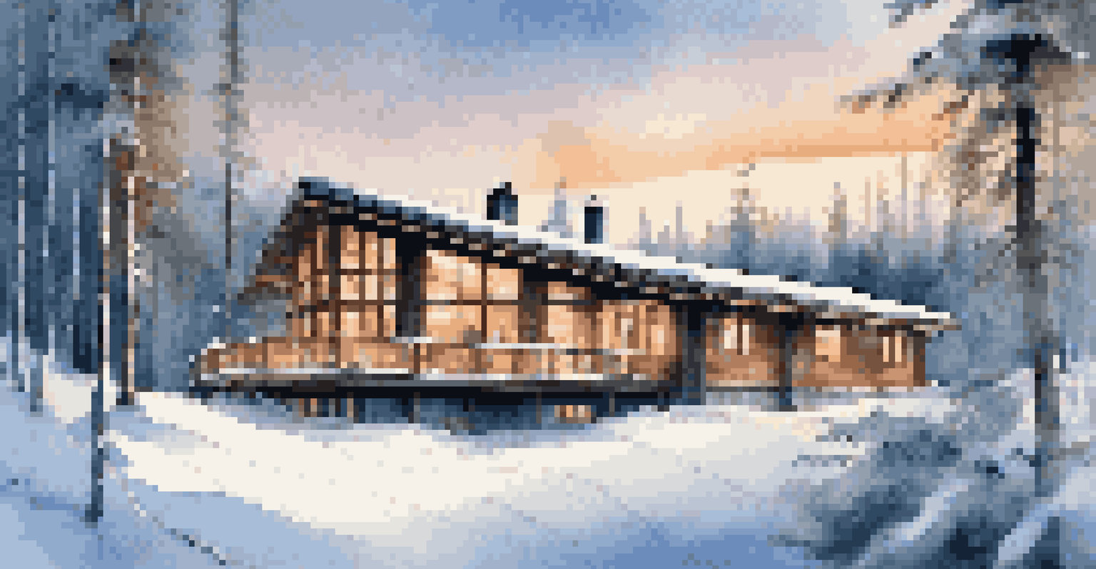 A luxury lodge in a snowy forest in Lapland, with modern architecture and warm lighting, showcasing beautiful views of the winter landscape.