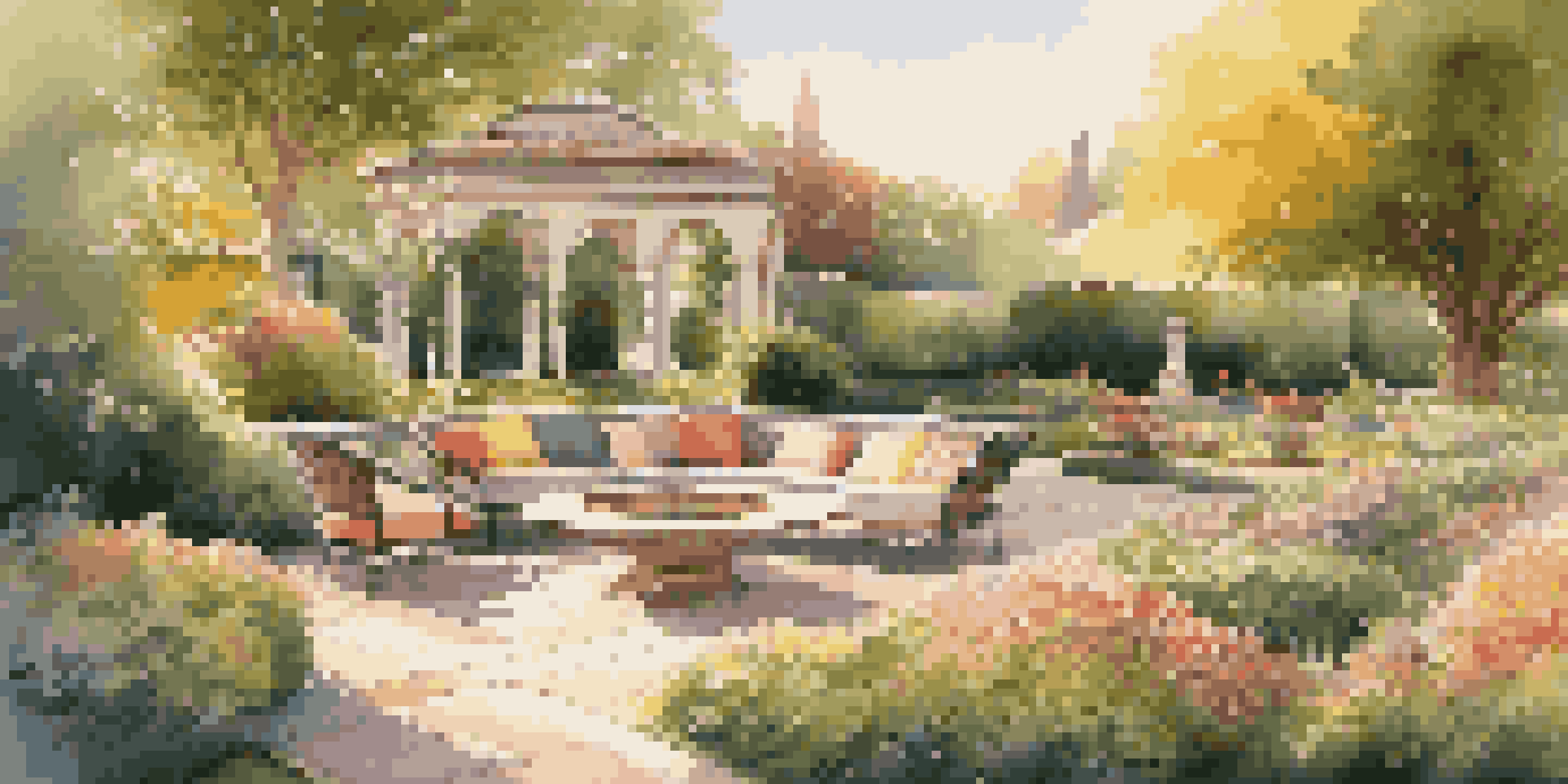 A luxury garden showcasing vibrant flower beds and elegant outdoor furniture, illuminated by warm sunset light.