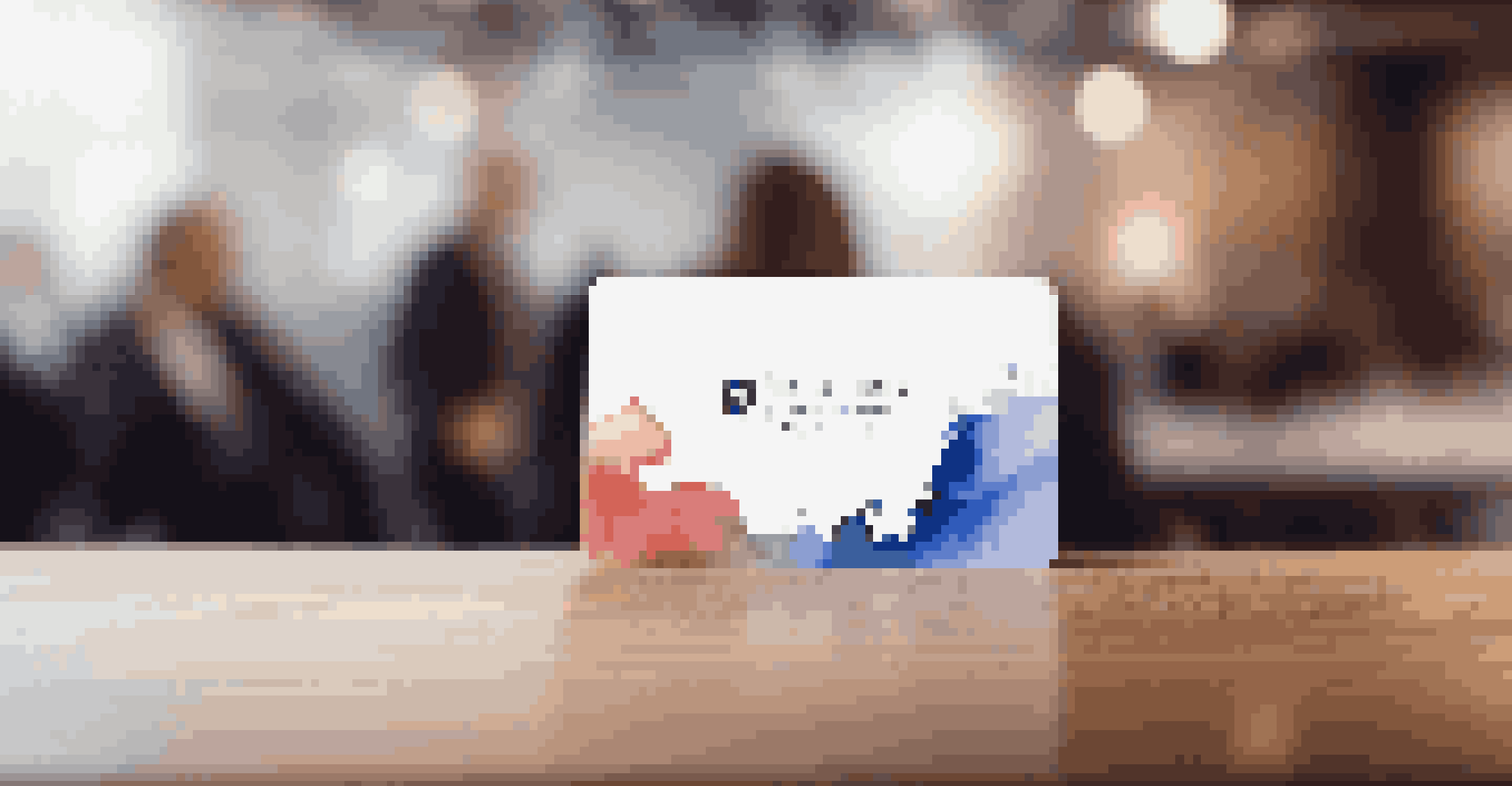 A close-up of a sleek business card on a table, with blurred figures of attendees networking at a luxury tech conference in the background.