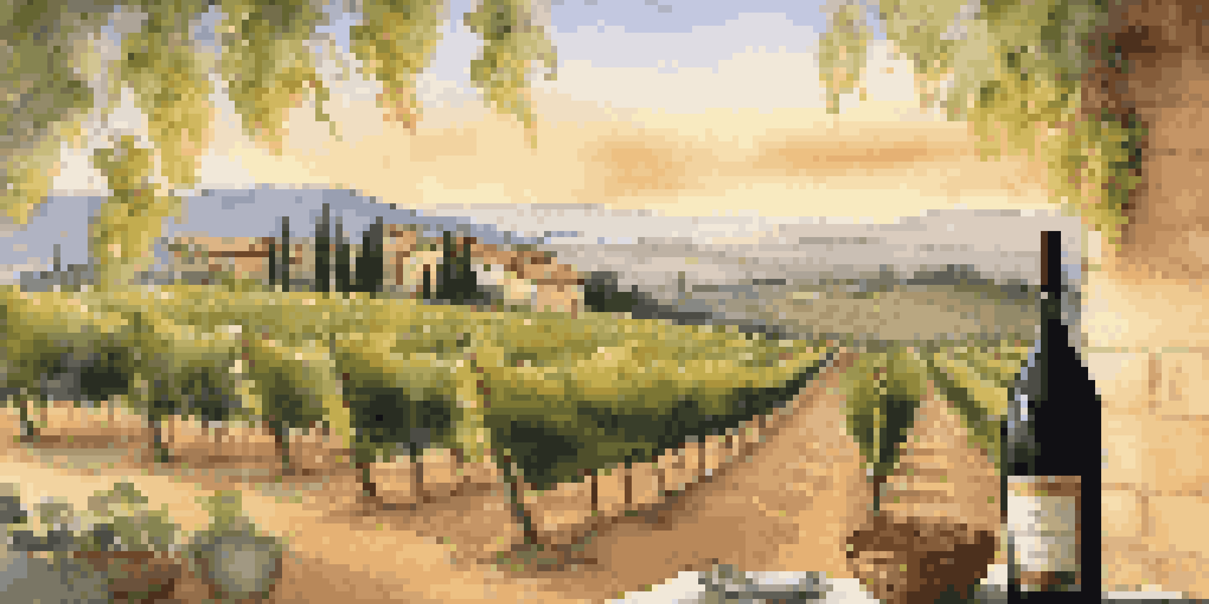 A picturesque Tuscan vineyard at sunset with grapevines and a rustic table set with Chianti wine.