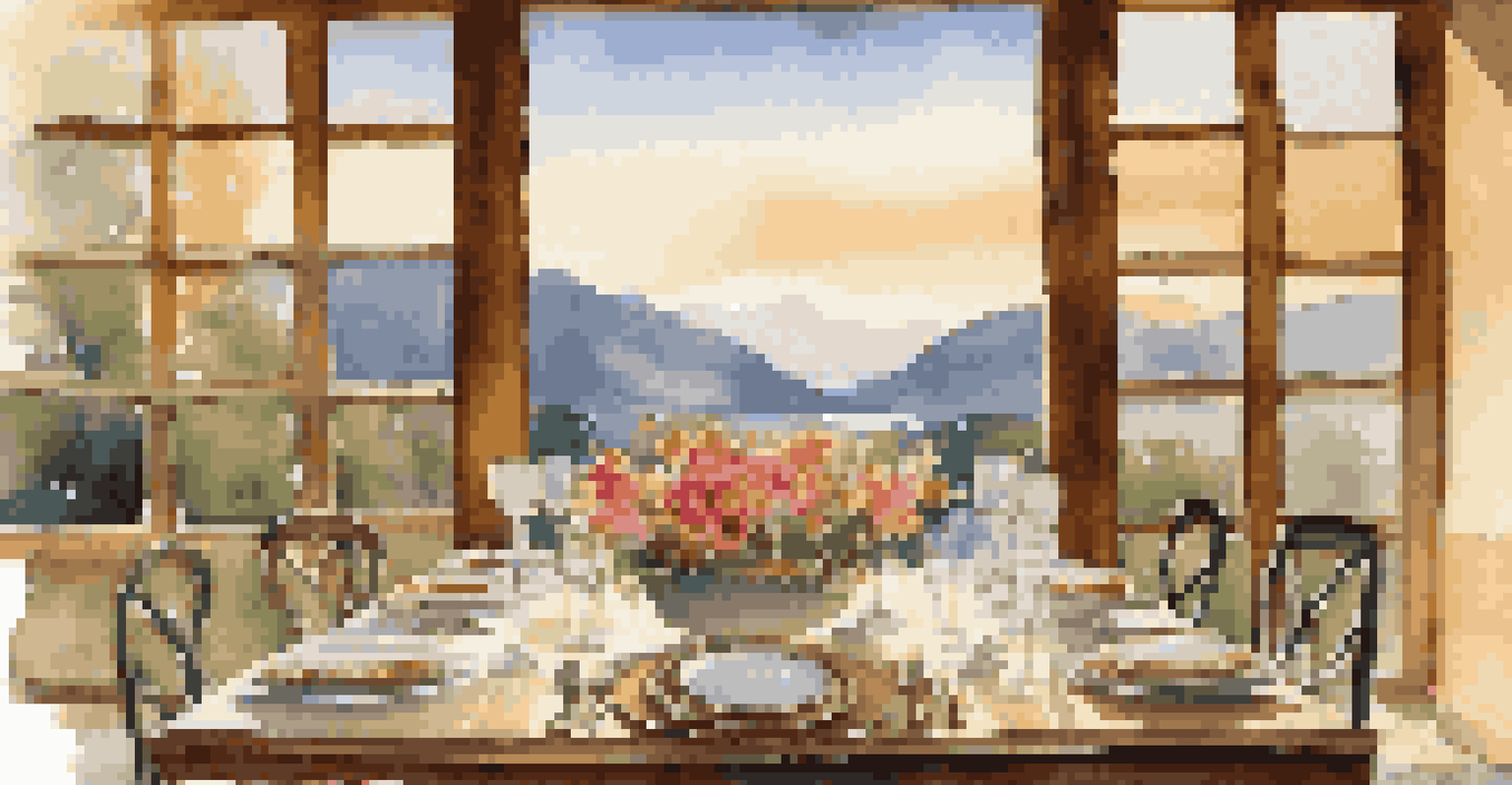 An outdoor dining table set with flowers and elegant dishware, surrounded by a scenic landscape of mountains and golden light.