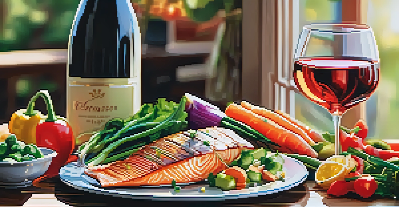 A close-up of a glass of rosé wine beside a plate of grilled fish and colorful vegetables.