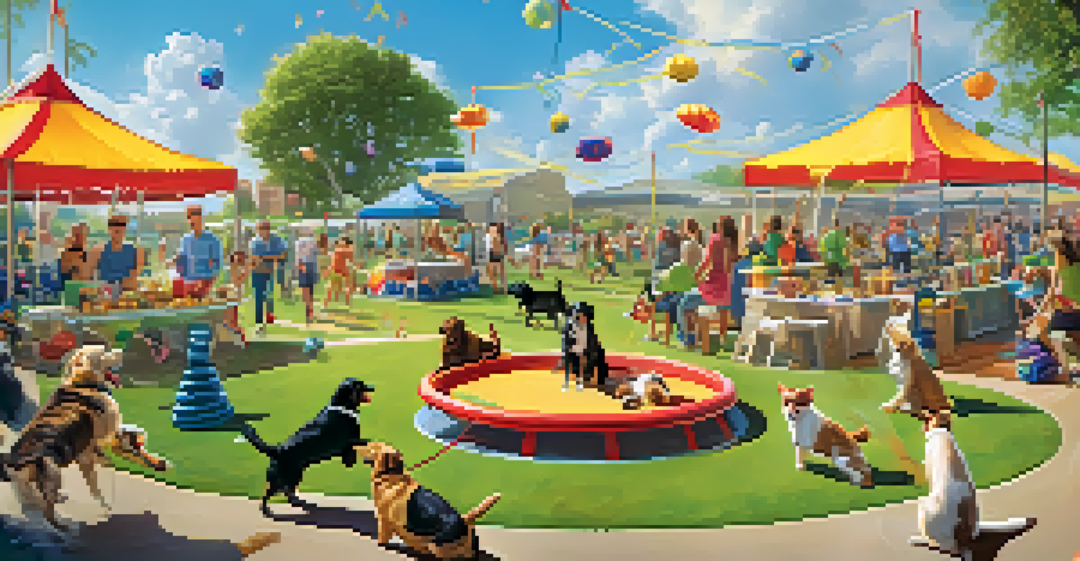 Pets enjoying activities at a gourmet pet event with an obstacle course and happy owners participating.