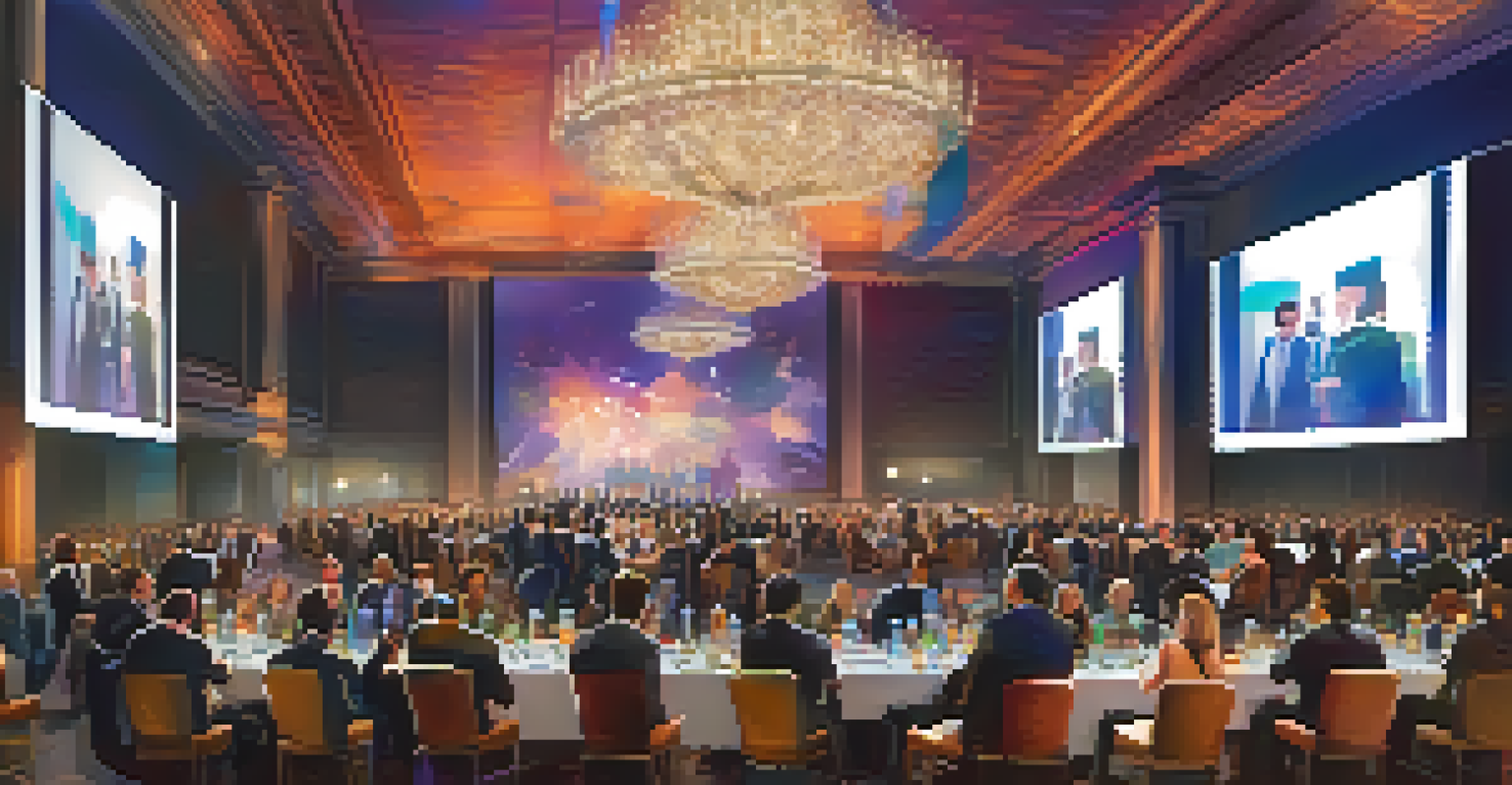 A hybrid networking event with in-person attendees and remote participants displayed on a large screen.