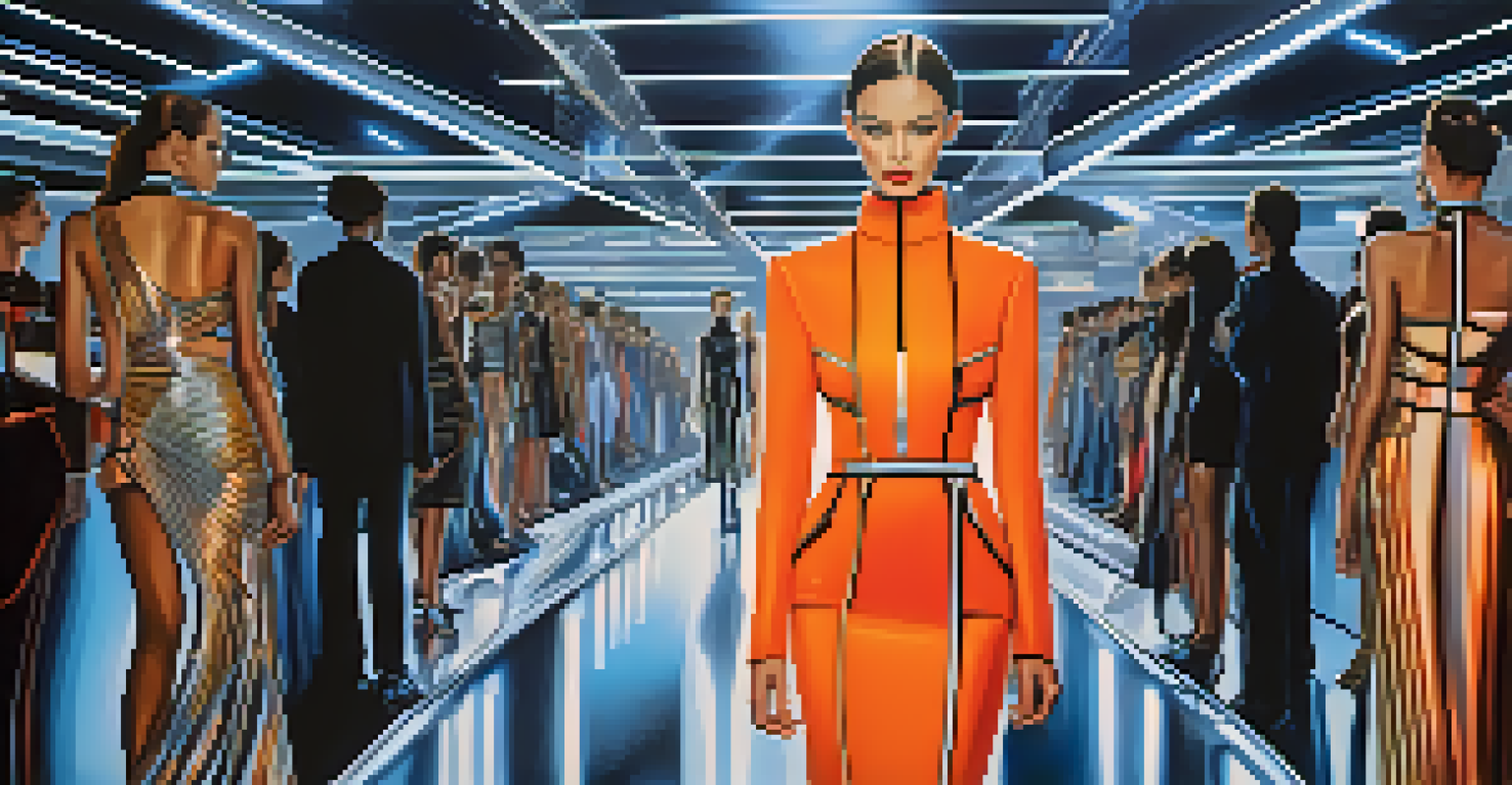 Models walk down a high-tech runway wearing futuristic clothing that integrates technology, set in a vibrant and illuminated environment.