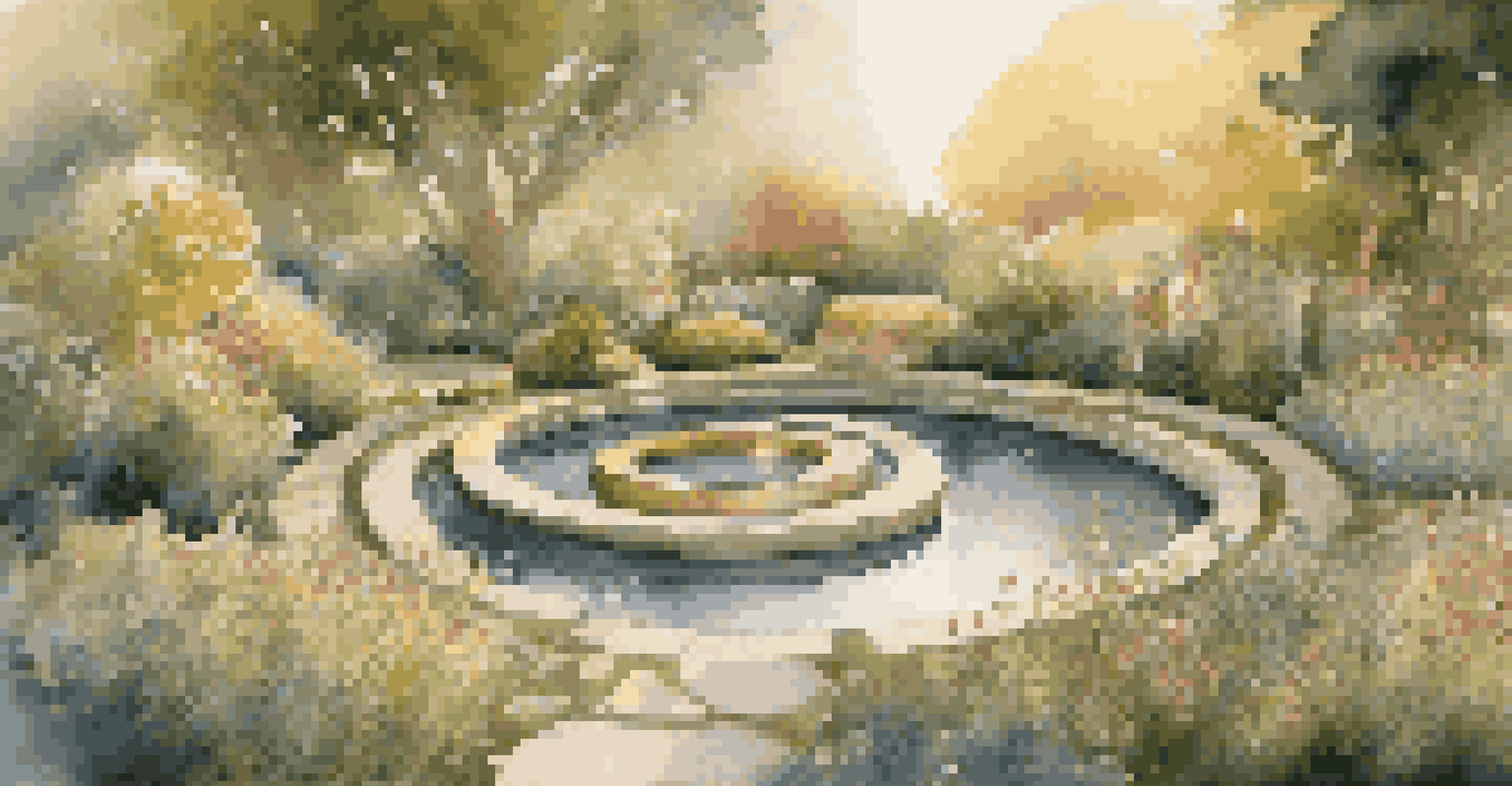 A winding garden pathway adorned with circular mirrors reflecting flowers and a water feature during golden hour.