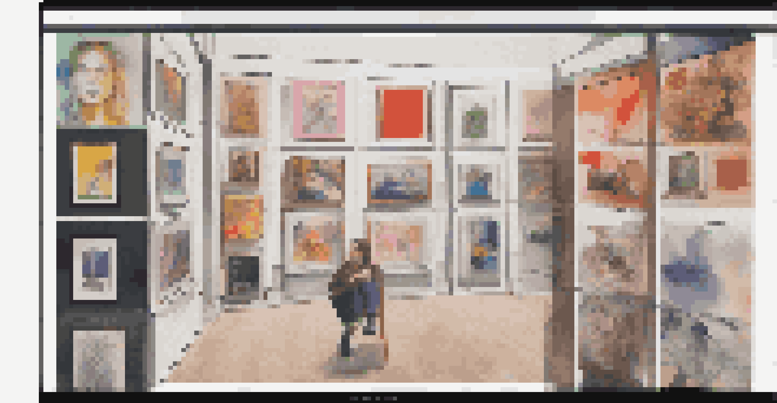 A digital representation of a virtual art fair, featuring colorful artwork thumbnails and a modern user interface.