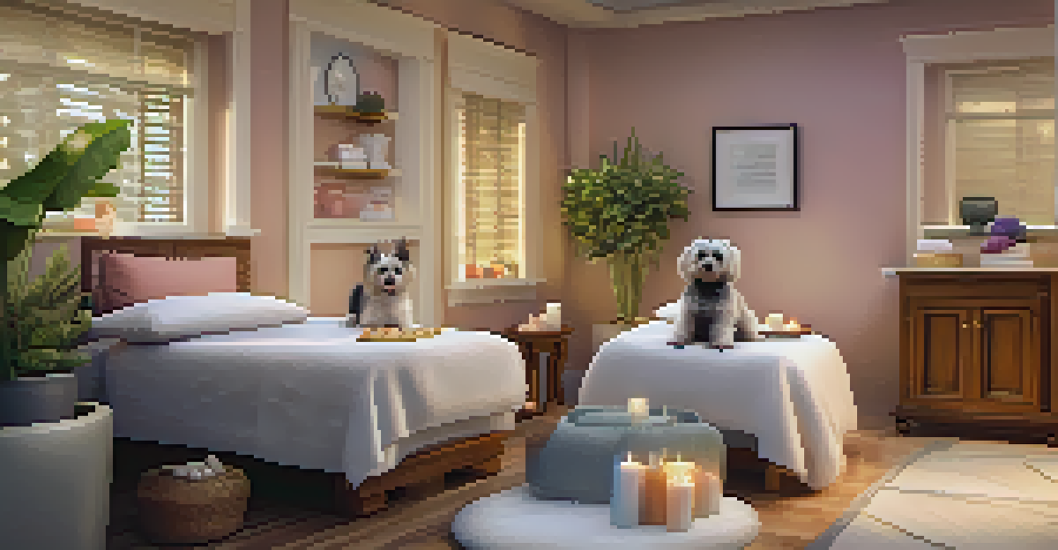 A small dog receiving a relaxing massage in a tranquil pet spa, surrounded by soothing colors and spa-like decor.